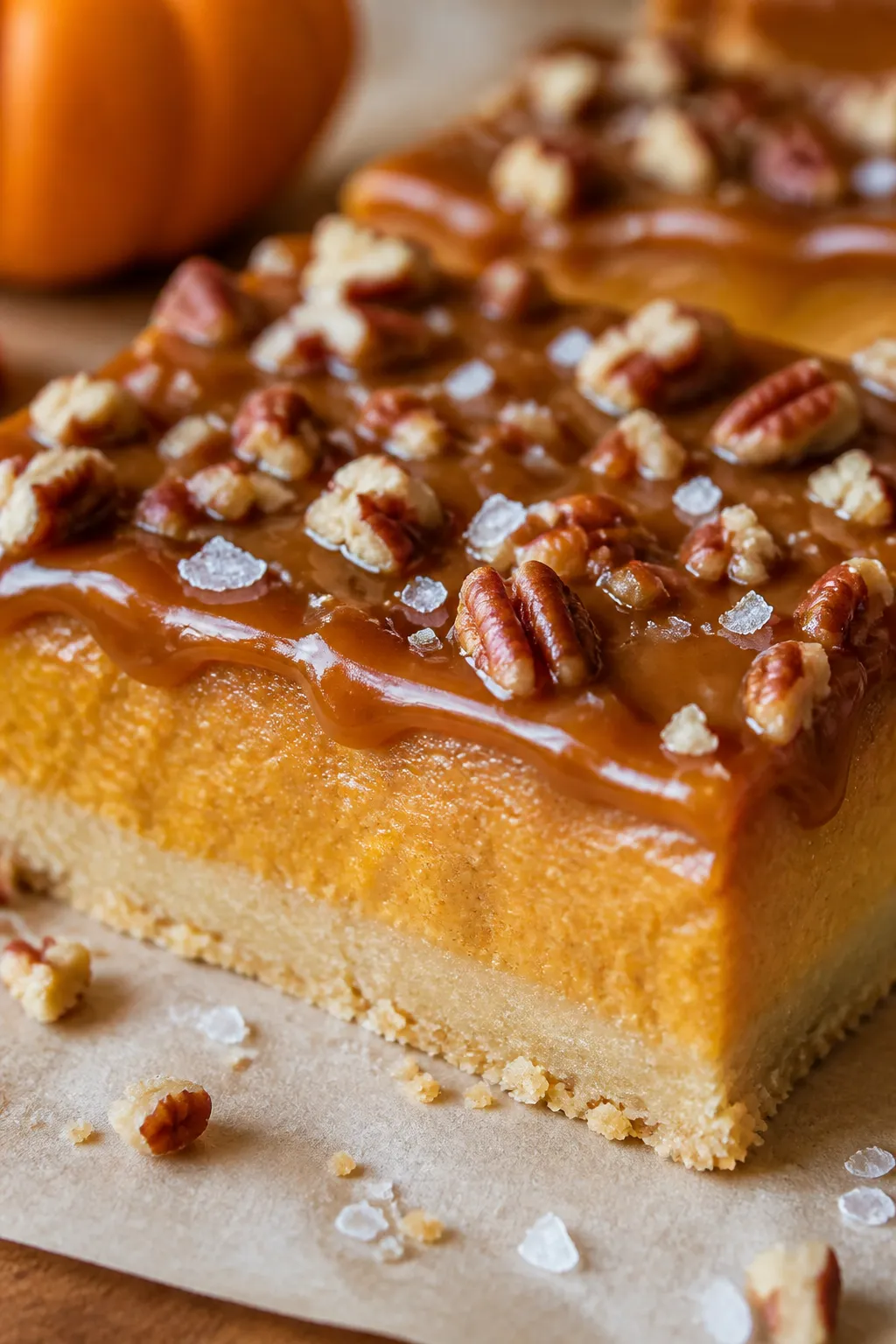 Close-up detail shot of a sliced Keto Pumpkin Caramel Bar just after chilling, showcasing clean, sha