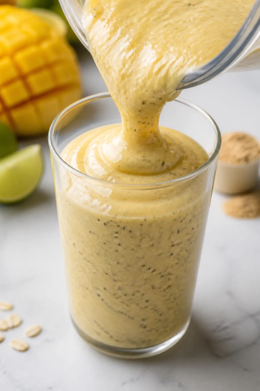 Close-up detail shot of a thick, frosty tropical breakfast smoothie being poured from a blender into