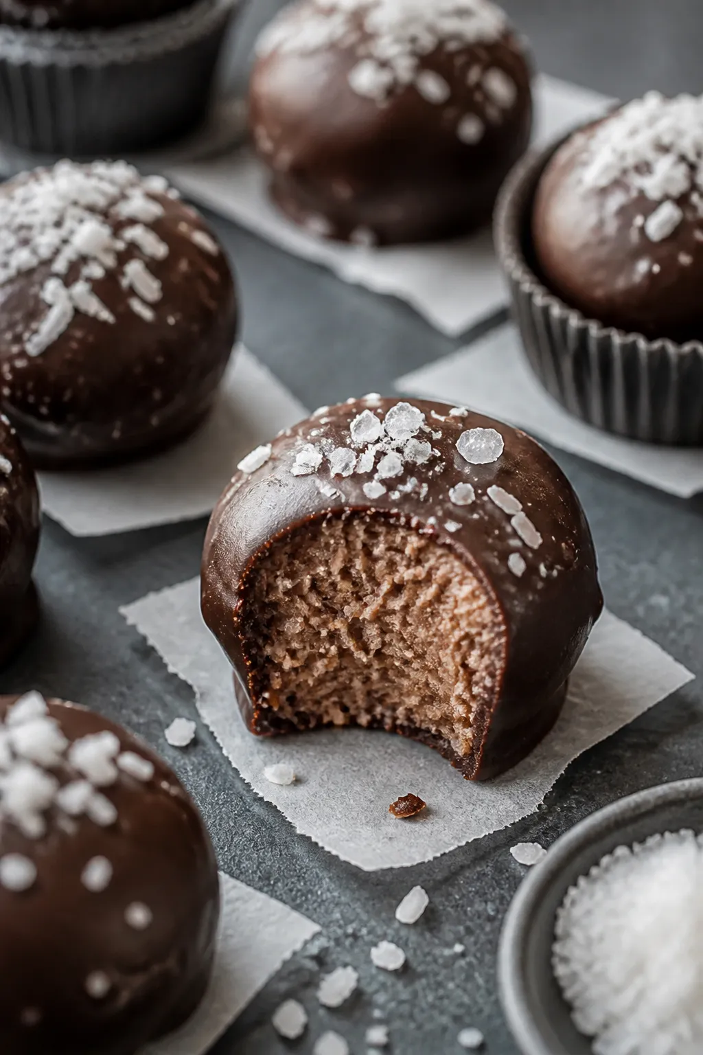 Close-up detail shot of chilled Keto Chocolate Coconut Fat Bombs just out of the fridge, glossy dark
