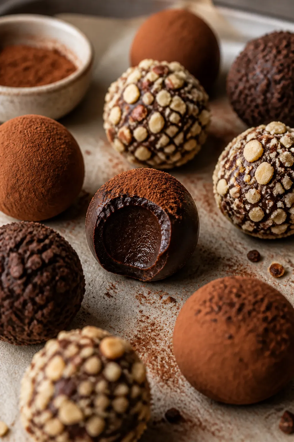 Close-up detail shot of finished low-carb chocolate espresso truffles just after coating, arranged o