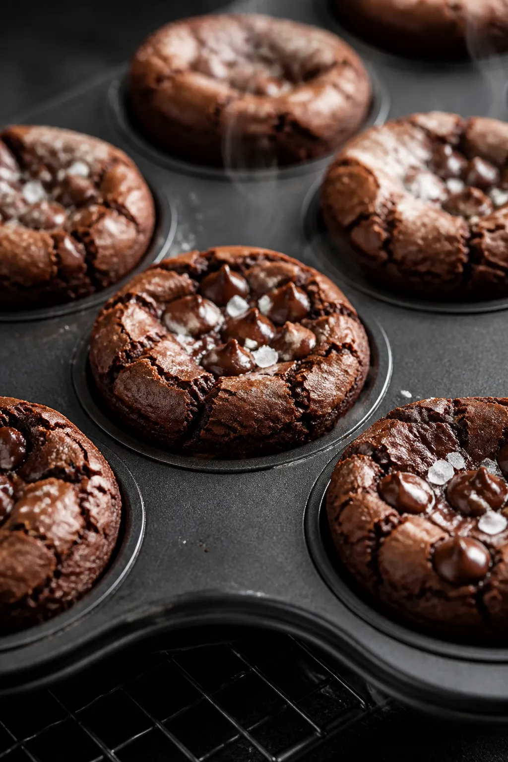 Close-up detail shot of freshly baked keto triple chocolate brownie bites cooling in a mini muffin p