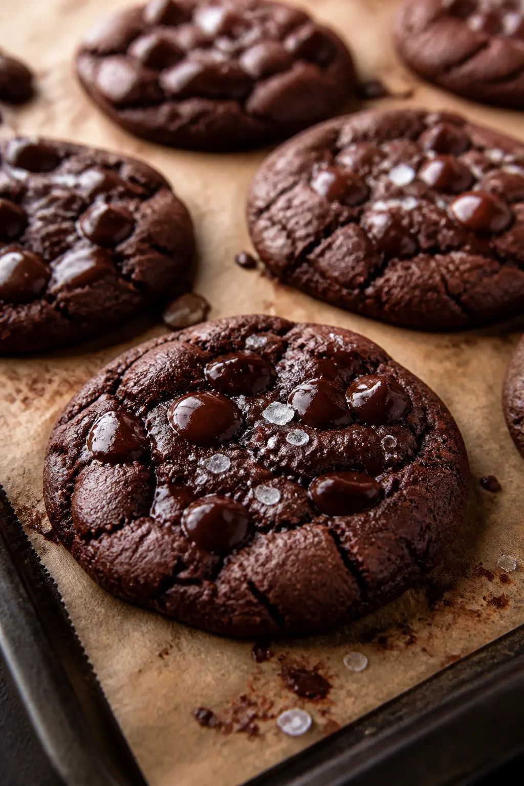 Close-up detail shot of freshly baked low-carb double chocolate cookies cooling on a parchment-lined