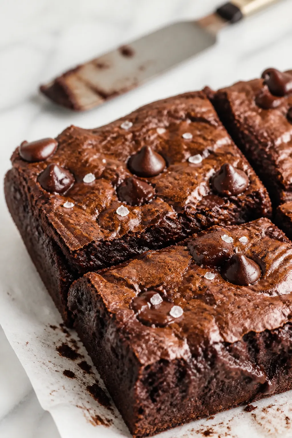 Close-up detail shot of freshly baked low-carb fudgy chocolate brownies just lifted from the parchme
