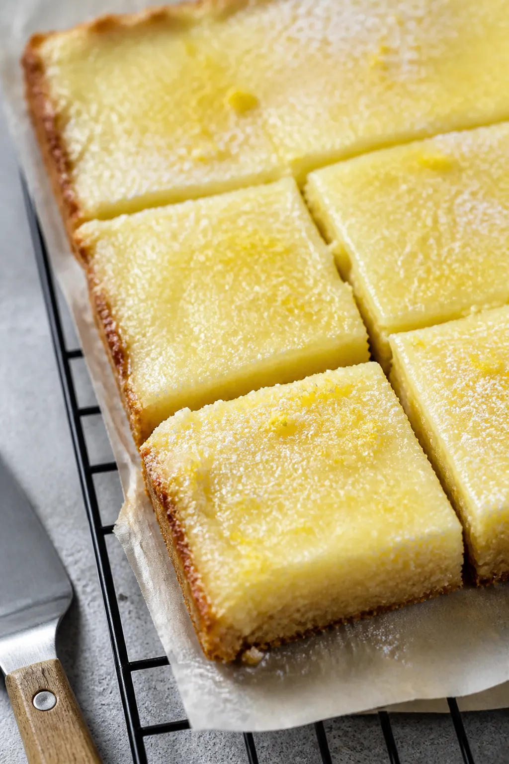 Close-up detail shot of freshly baked Low Carb Lemon Coconut Cream Bars on a parchment-lined 8x8 sla
