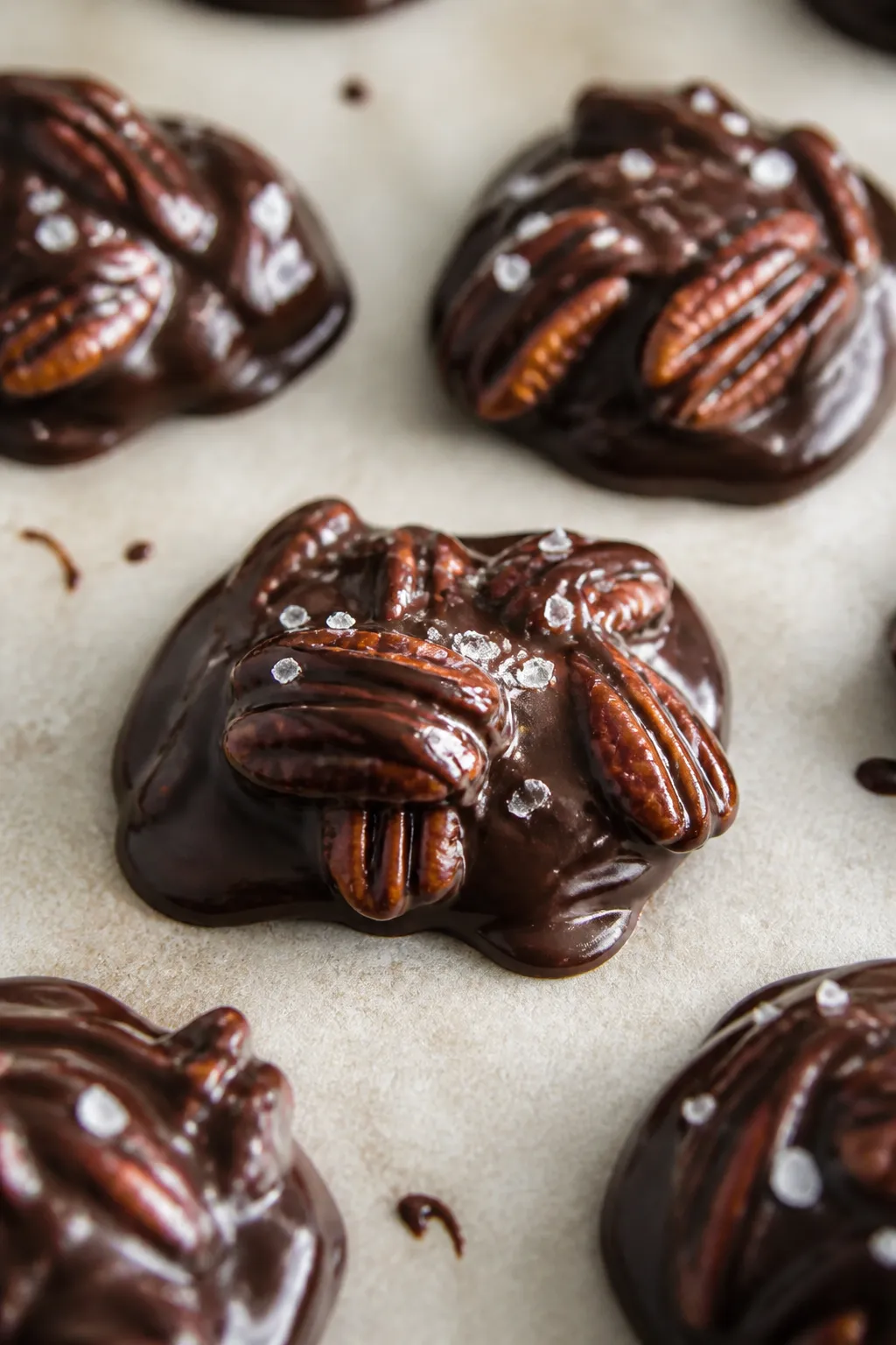 Close-up detail shot of glossy keto dark chocolate pecan clusters just set on parchment, each mound 