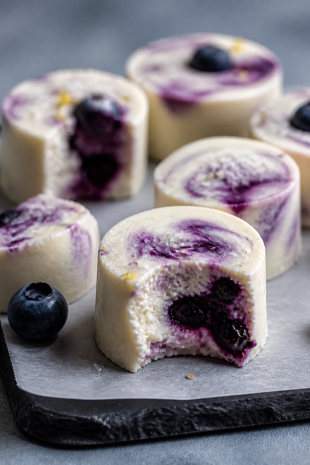 Close-up detail shot of keto blueberry cheesecake fat bombs just unmolded and set, showing creamy, m