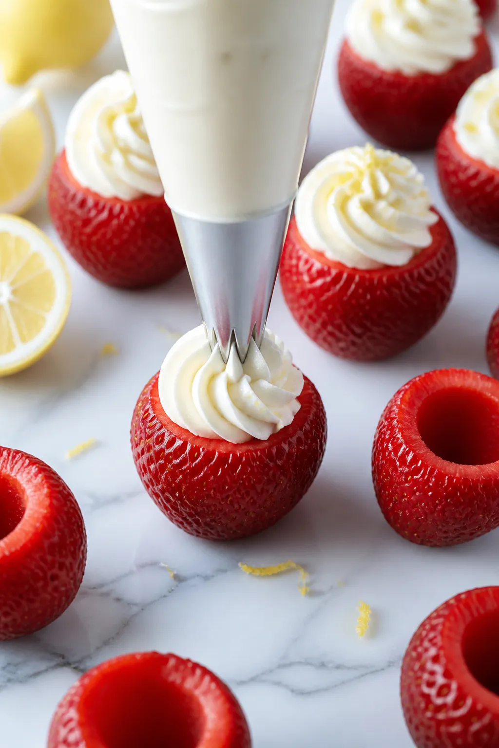 Close-up detail shot of prepared Low Carb Lemon Cheesecake Stuffed Strawberries being filled: a pipi