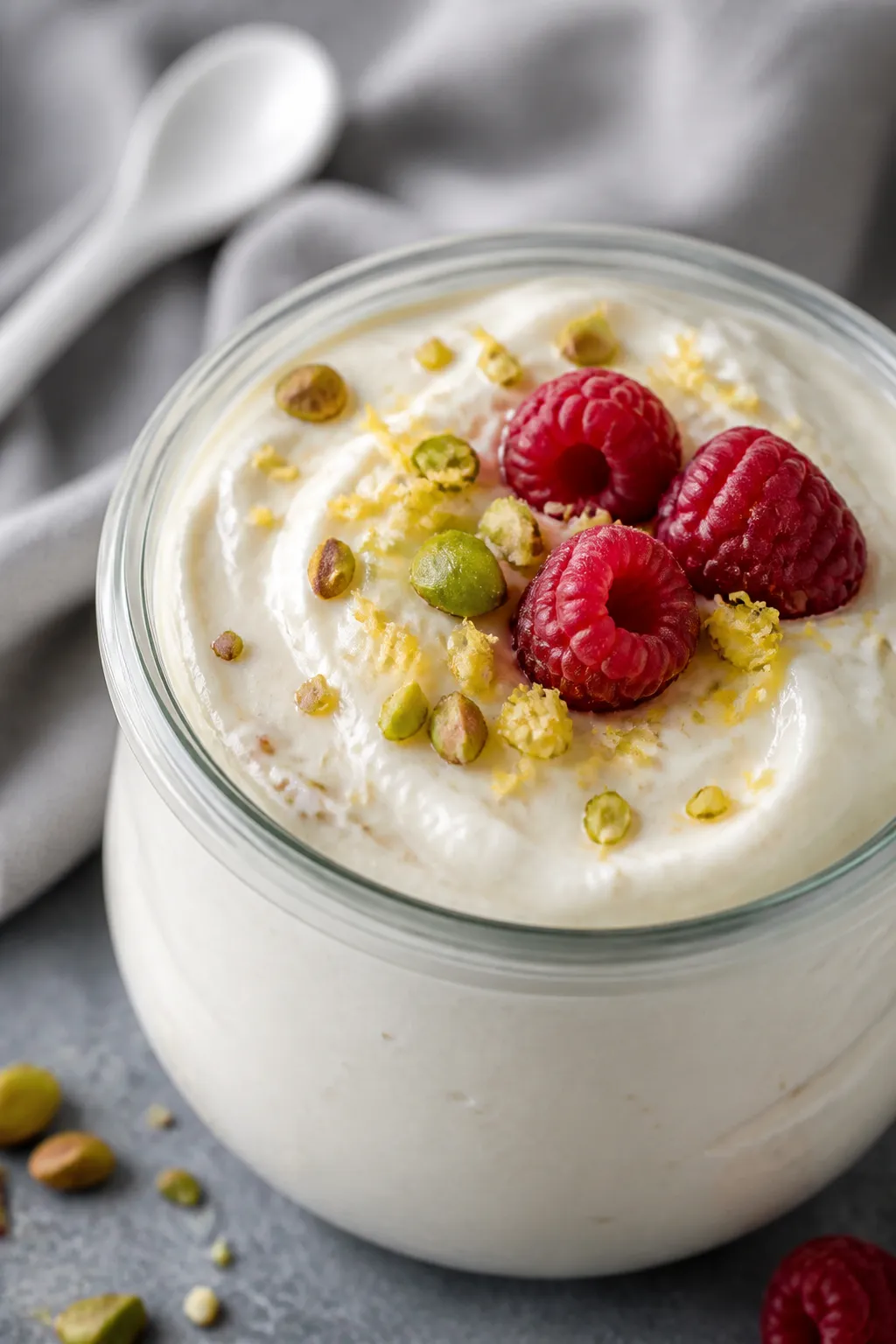 Close-up detail shot of the finished lemon whipped cottage cheese mousse just after chilling: silky,