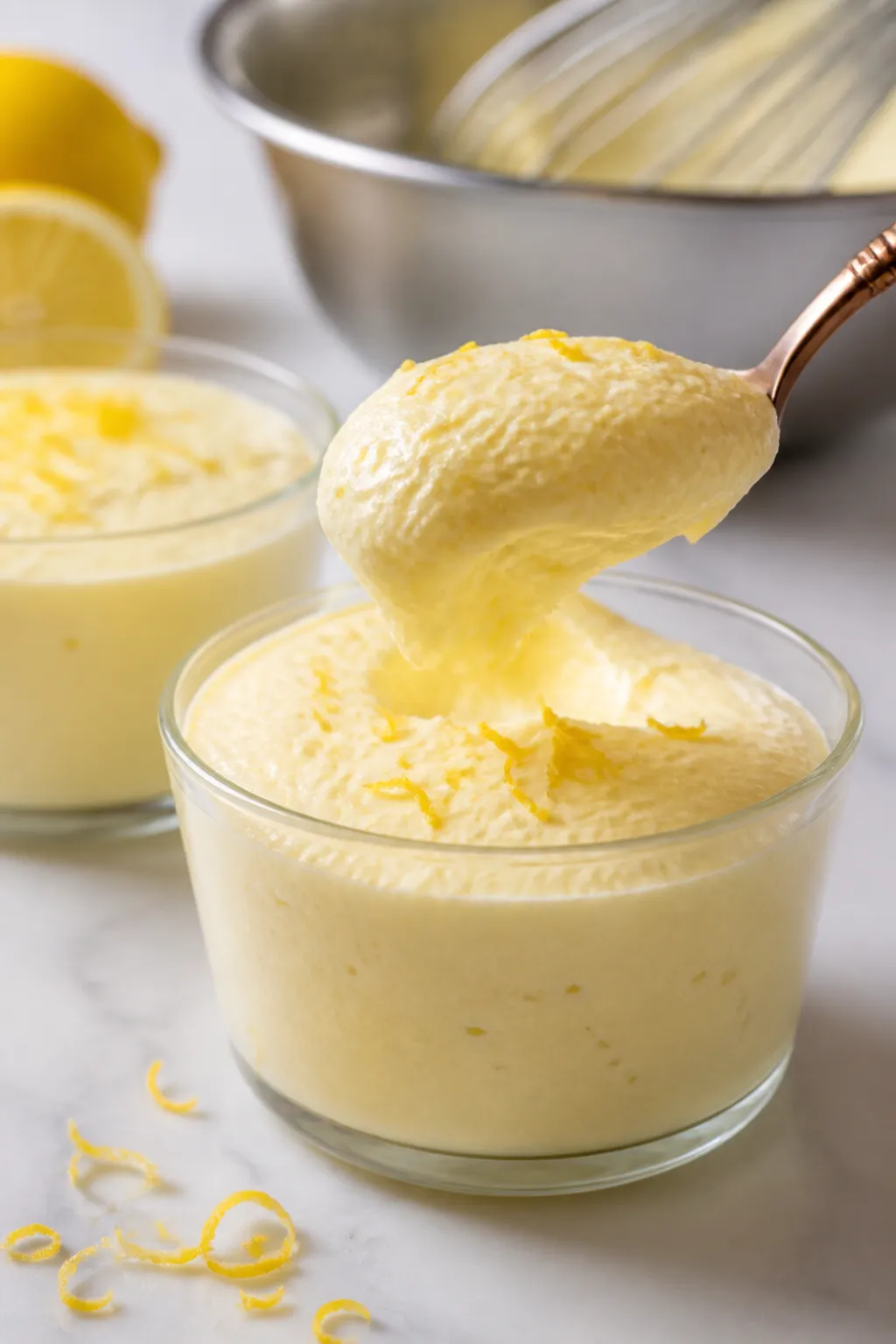 Close-up detail shot of the finished low carb lemon mousse being spooned into small clear glass rame