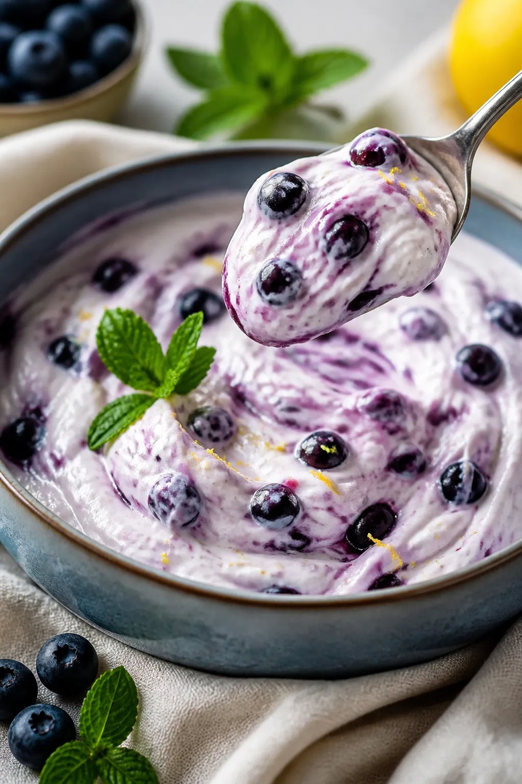 Close-up detail shot of the prepared Low Carb Blueberry Cheesecake Dip mid-swirl: a creamy, fluffy c