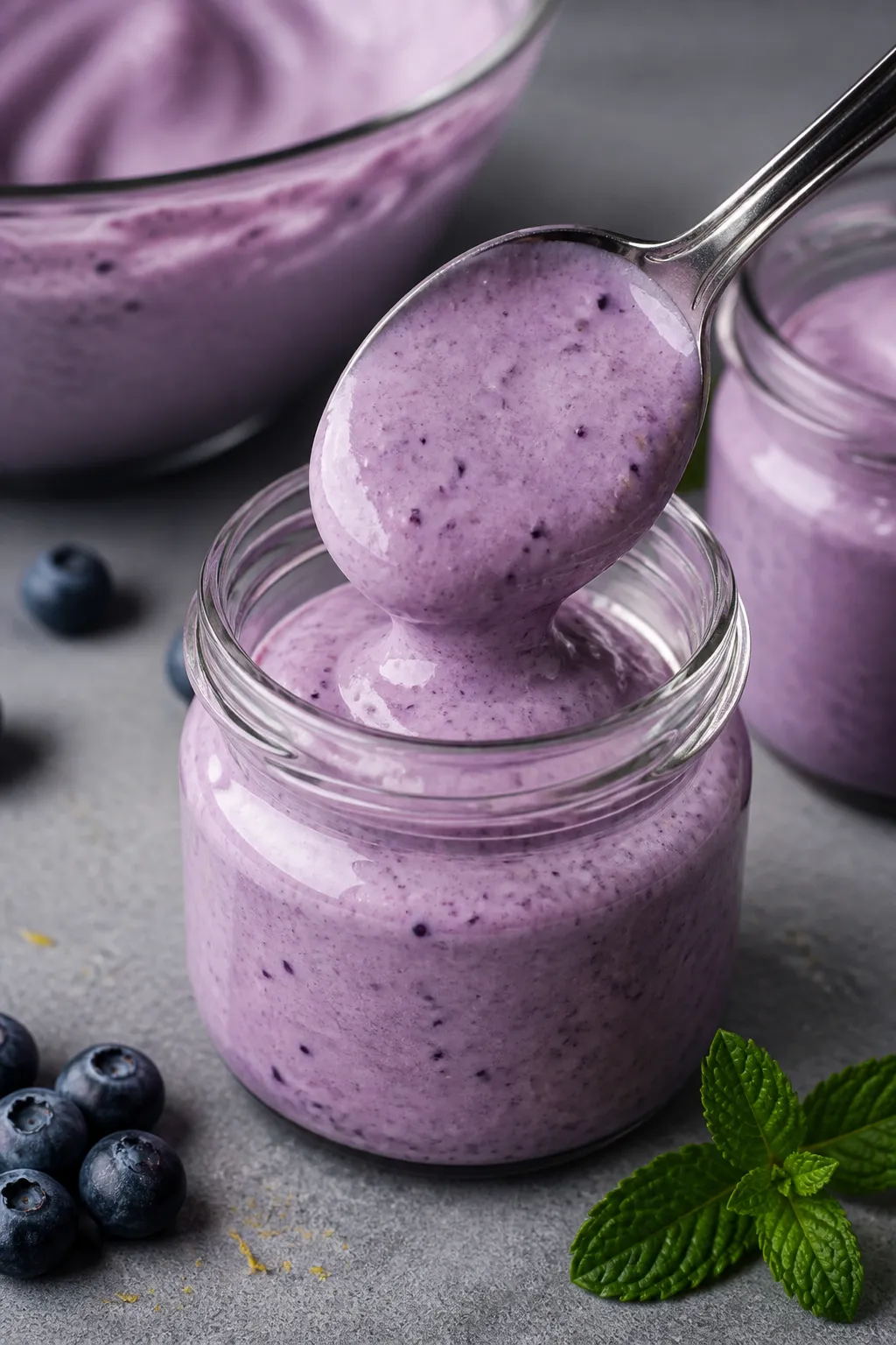 Close-up detail shot: Silky blueberry cottage cheese mousse being spooned into small glass jars afte