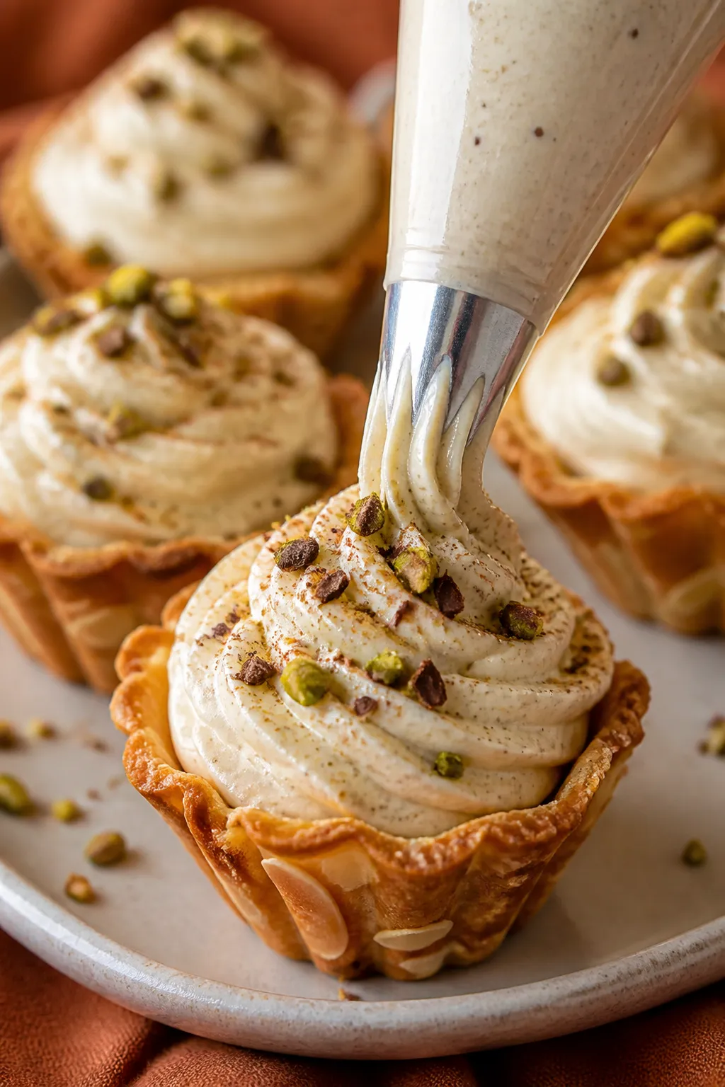 Close-up detail shot: Silky low-carb pumpkin cannoli cream being piped into crisp almond tart cups, 