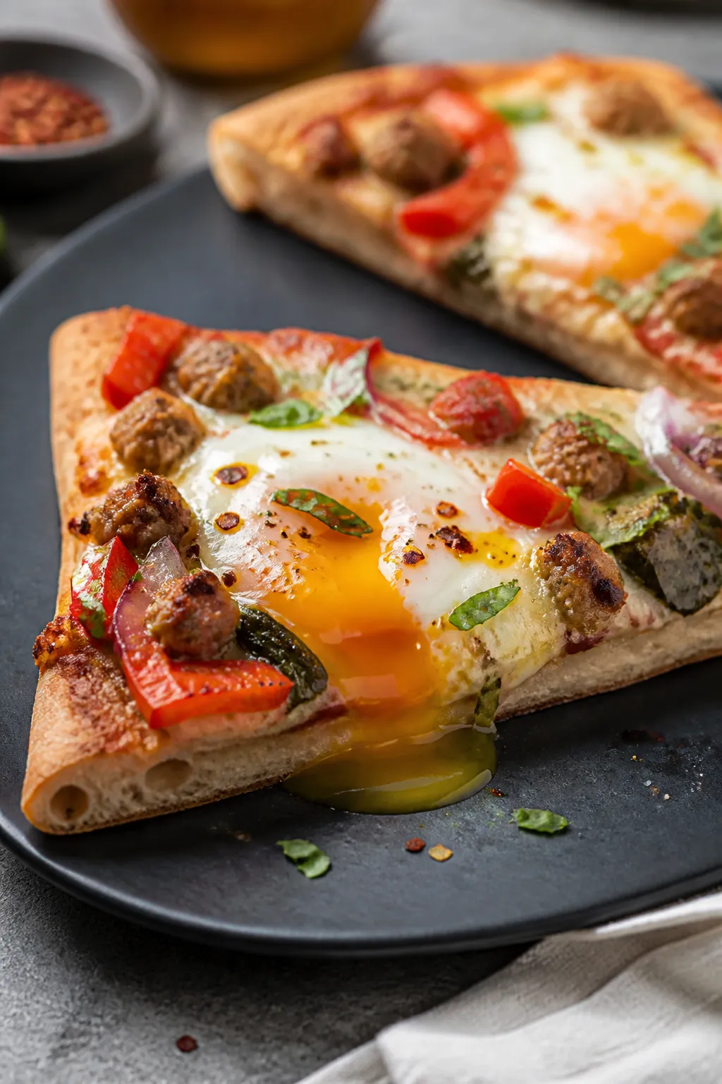 Close-up final presentation of a sliced, baked breakfast pizza wedge with set whites and jammy yolk: