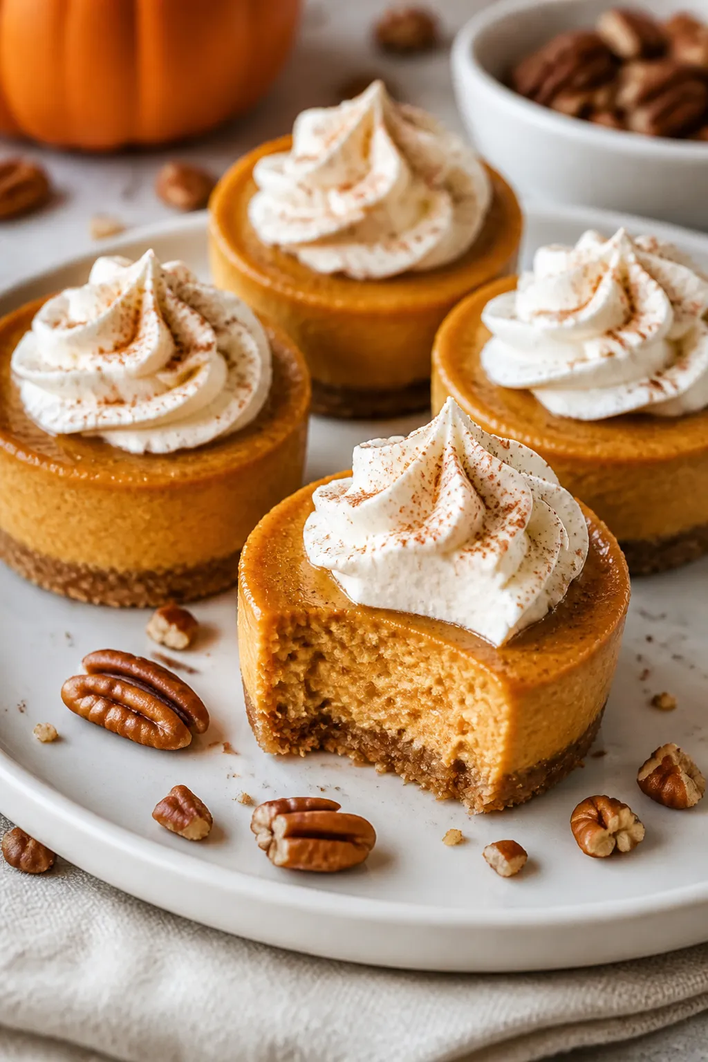 Close-up final presentation of plated Keto Pumpkin Pie Cheesecake Bites on a matte white dessert pla