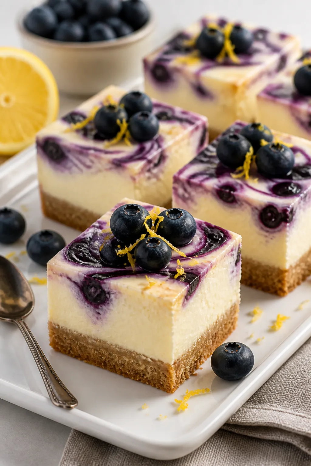 Close-up final presentation of sliced Keto Lemon Blueberry Cheesecake Bars on a matte white rectangu
