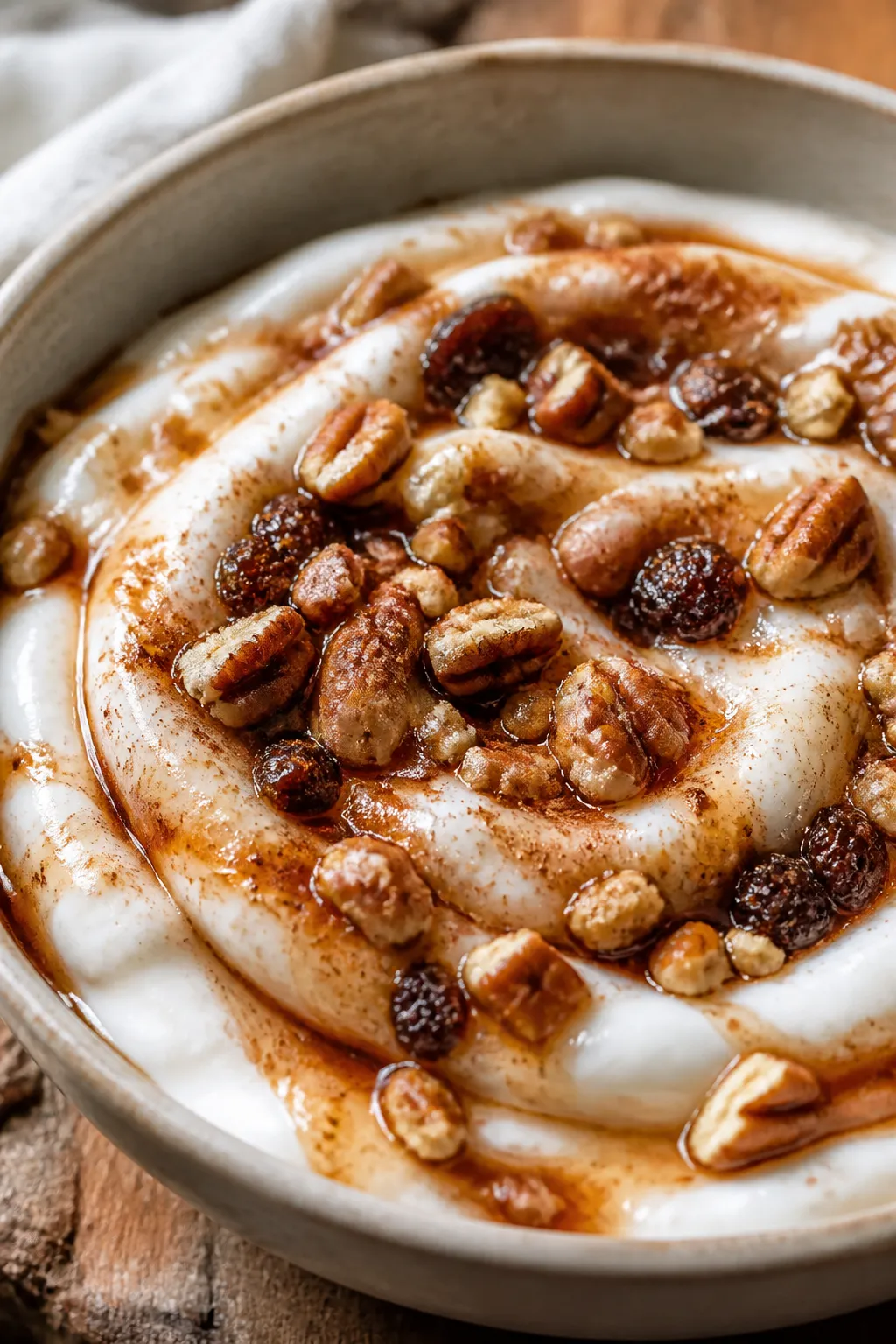 Close-up final presentation of the Greek Yogurt Cinnamon Roll Bowl with dramatic swirl: silky yogurt