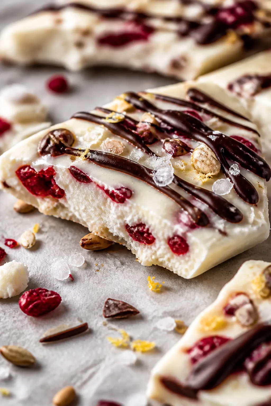 Close-up macro detail of a broken piece of Greek Yogurt Protein Bark held on parchment, focusing on