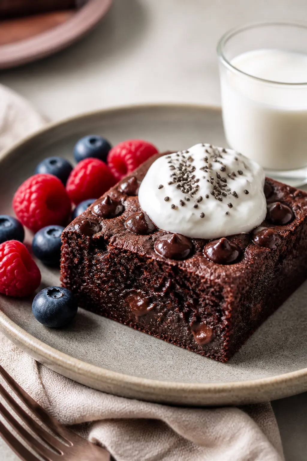 Close-up plated breakfast scene: a thick, fudgy square of high-protein brownie sliced from the pan, 