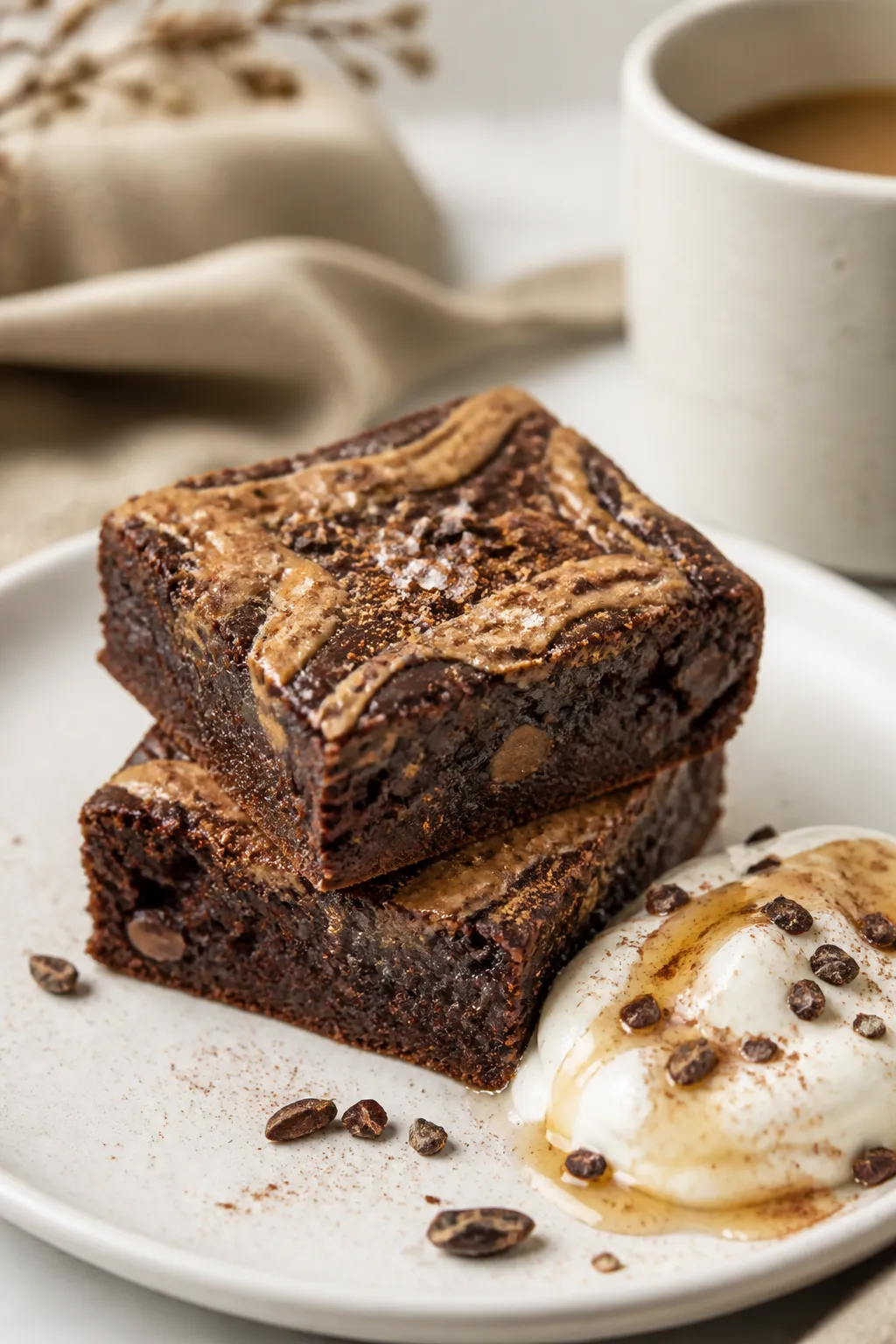 Close-up plated breakfast scene: two squares of High Protein Breakfast Brownies stacked on a matte w