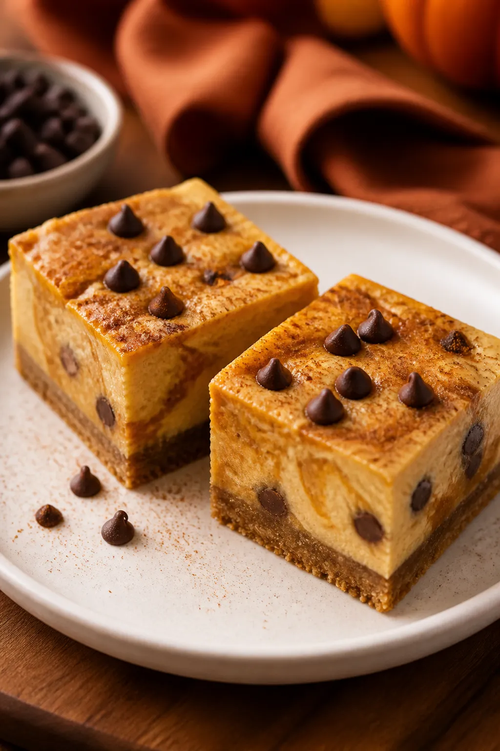 Close-up plated final presentation of two Keto Pumpkin Chocolate Chip Cheesecake Bars sliced cleanly
