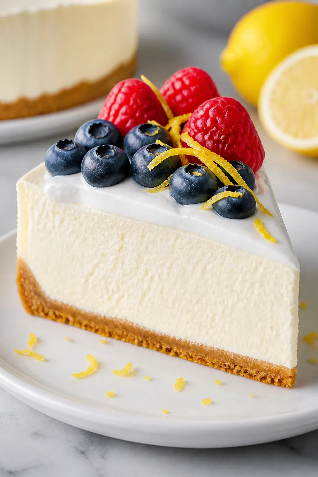 Close-up, plated final slice of Creamy Lemon Cottage Cheese Cheesecake on a white porcelain plate, u