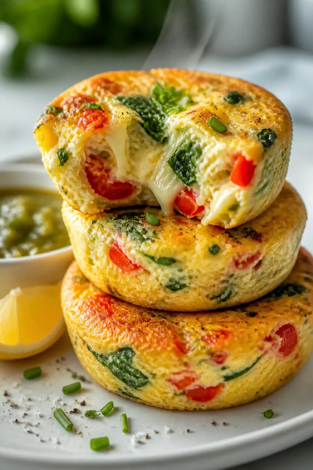 Close-up plated presentation of three egg bites stacked and slightly torn to reveal ultra-smooth, ai