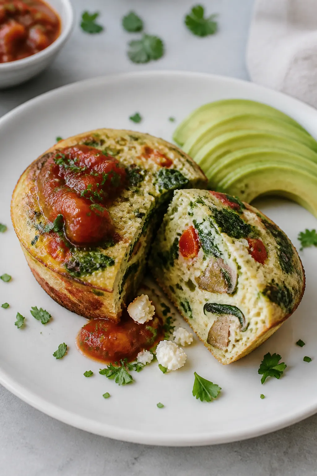 Close-up plated presentation of two egg white veggie breakfast muffins on a white ceramic plate, sli