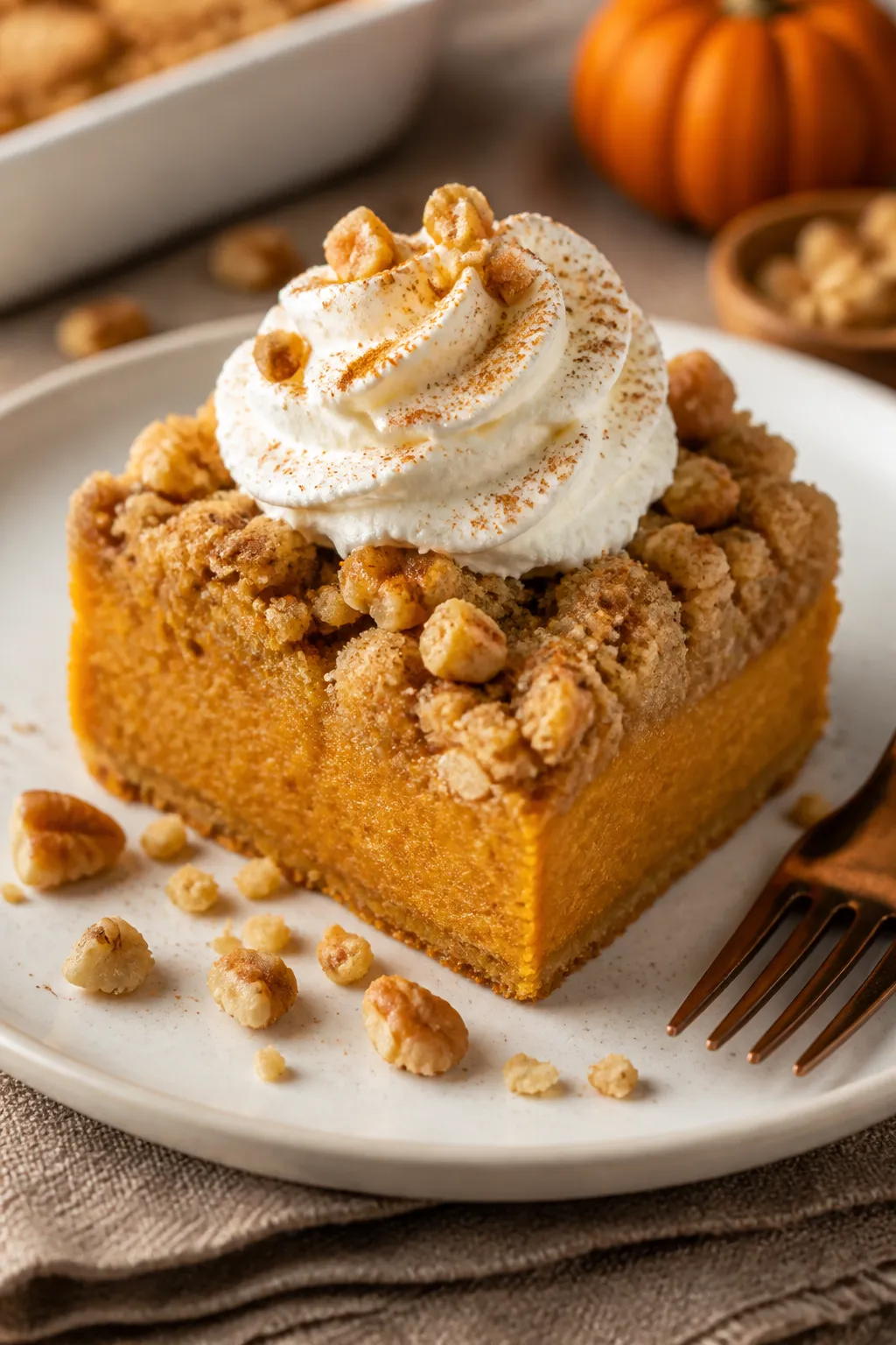 Close-up plated slice of Keto Pumpkin Pie Dump Cake on a matte white dessert plate, silky pumpkin cu