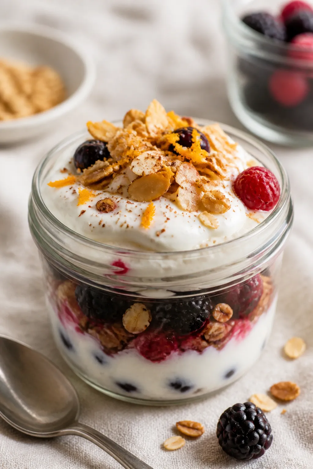Close-up process detail: Greek yogurt being gently folded with a drop of vanilla extract and a pinch