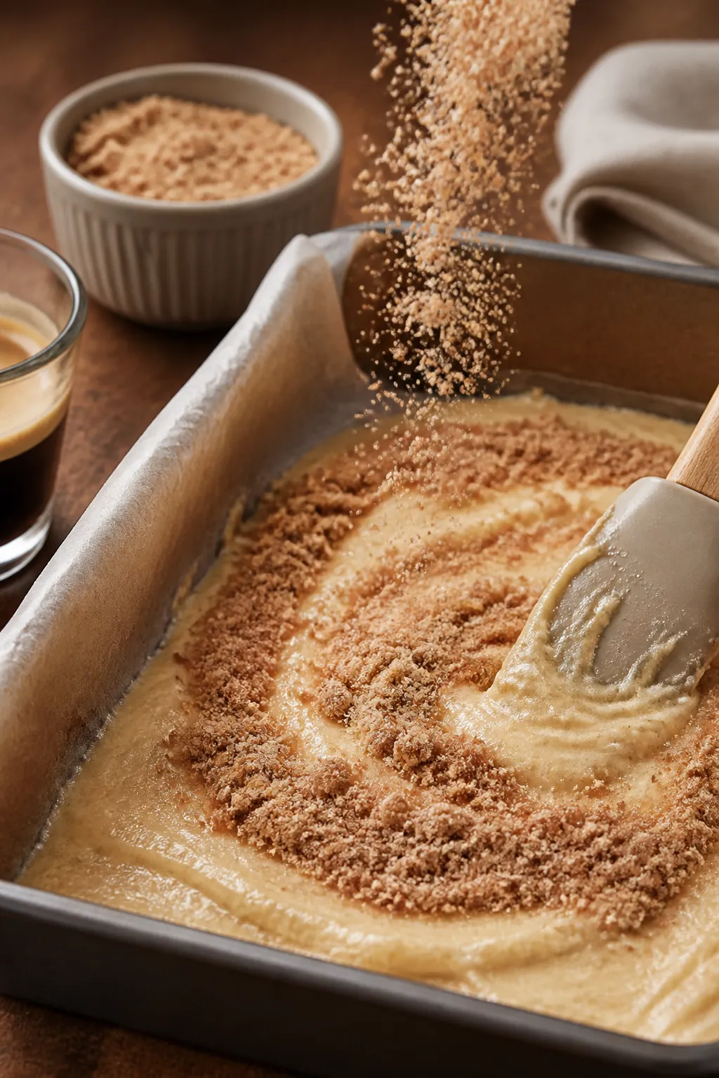 Close-up process detail of assembling the bake: half the batter spread in the parchment-lined pan wi