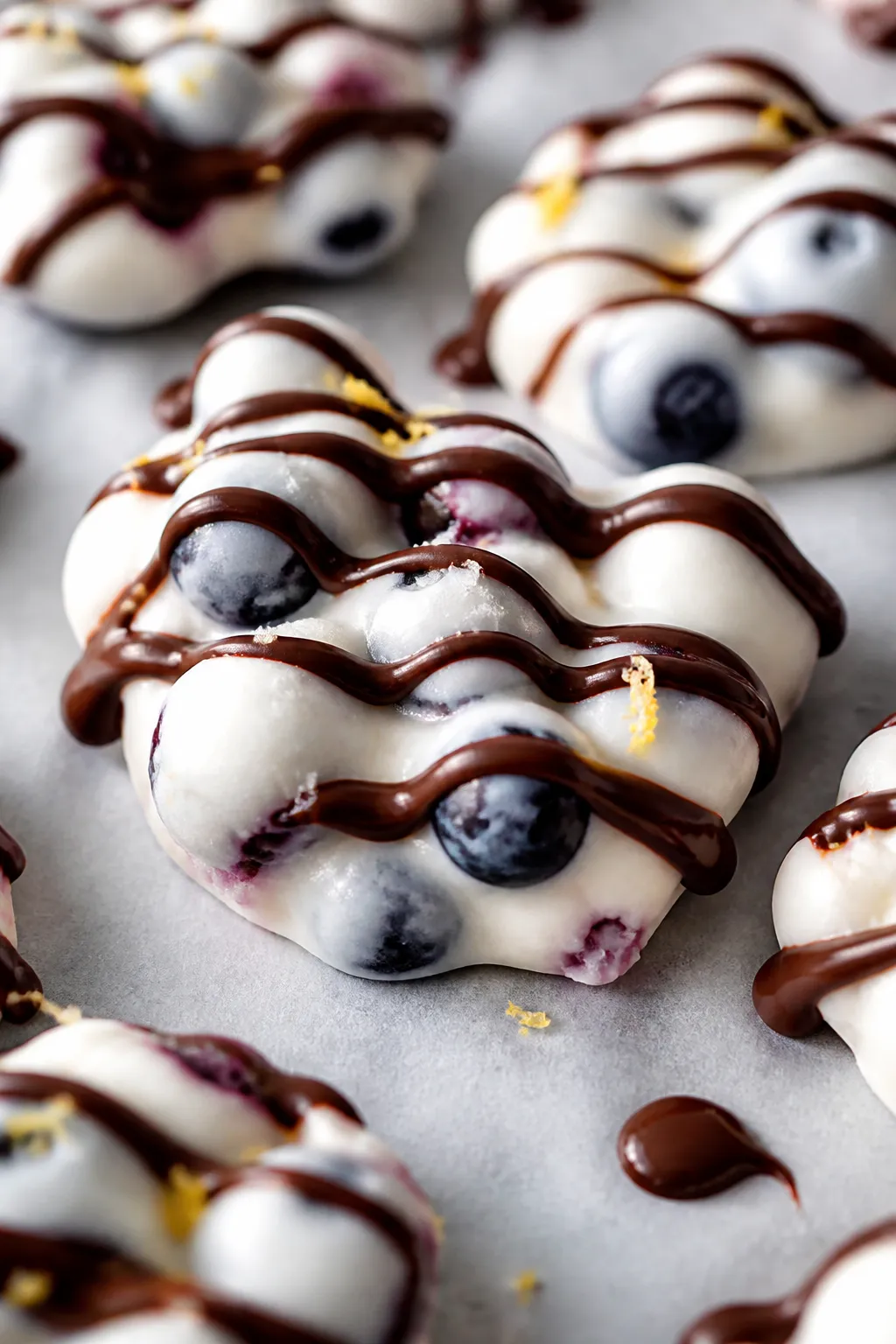Close-up process detail of freshly frozen clusters on parchment just after chocolate drizzle has set