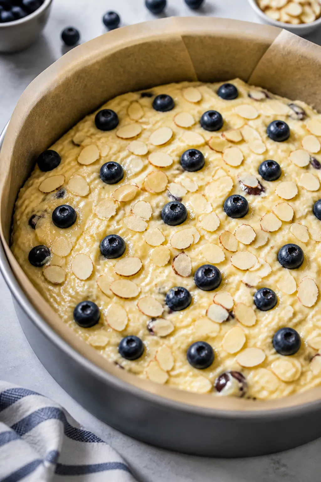 Close-up process detail of the batter being spread evenly in a parchment-lined 9-inch round pan just