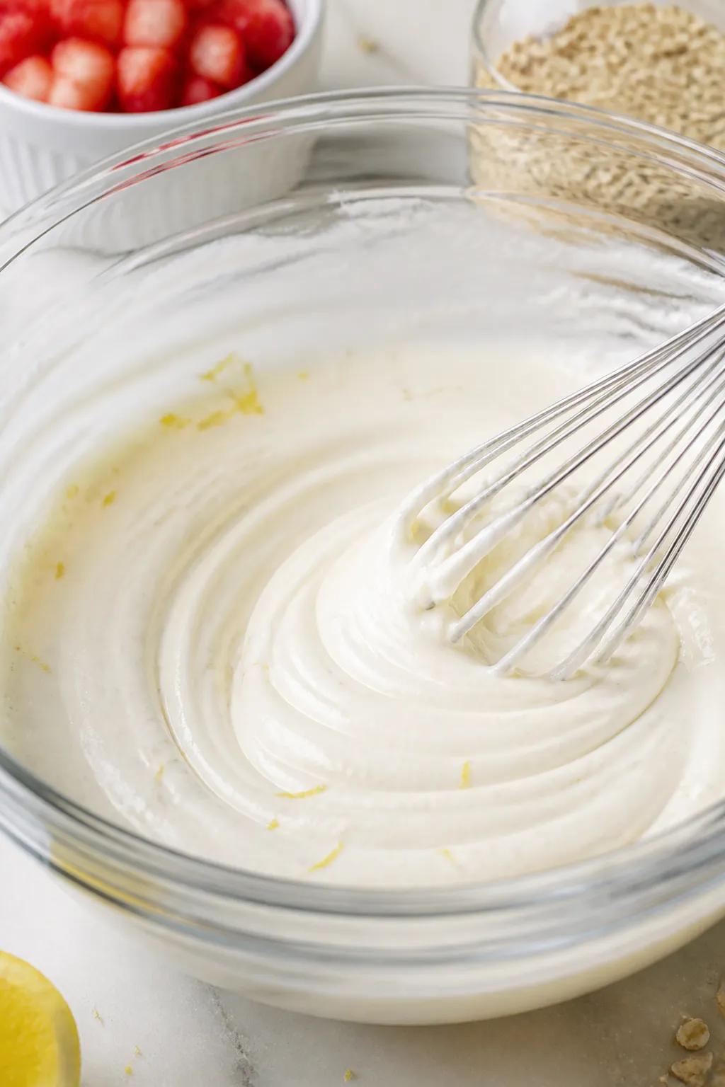 Close-up process detail of the “cheesecake” base being whisked smooth in a clear glass bowl: vel