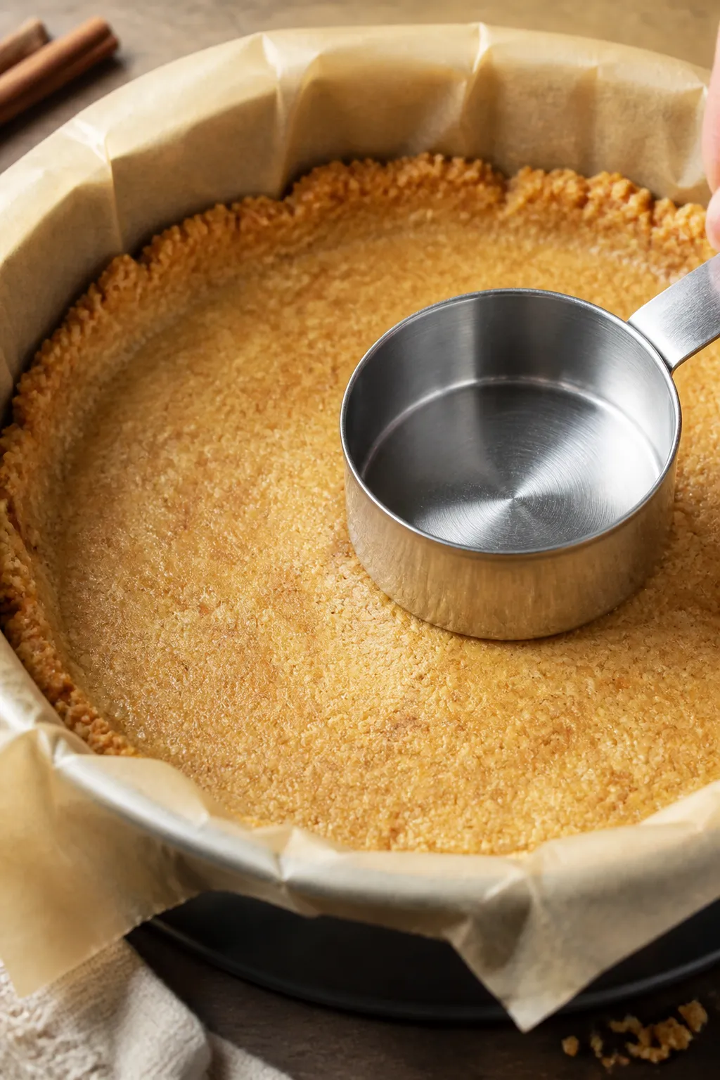 Close-up process detail of the par-baked almond flour crust being compacted and smoothed with the fl