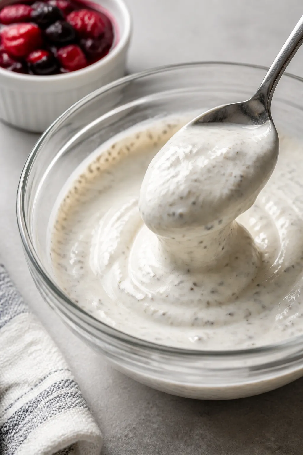 Close-up process detail of the yogurt base being finished: thick Greek yogurt whisked with vanilla p