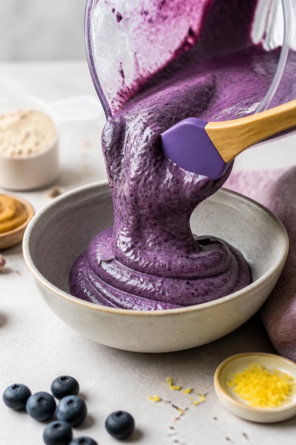 Close-up, process-focused detail of the smoothie bowl texture mid-blend transfer: a silicone spatula