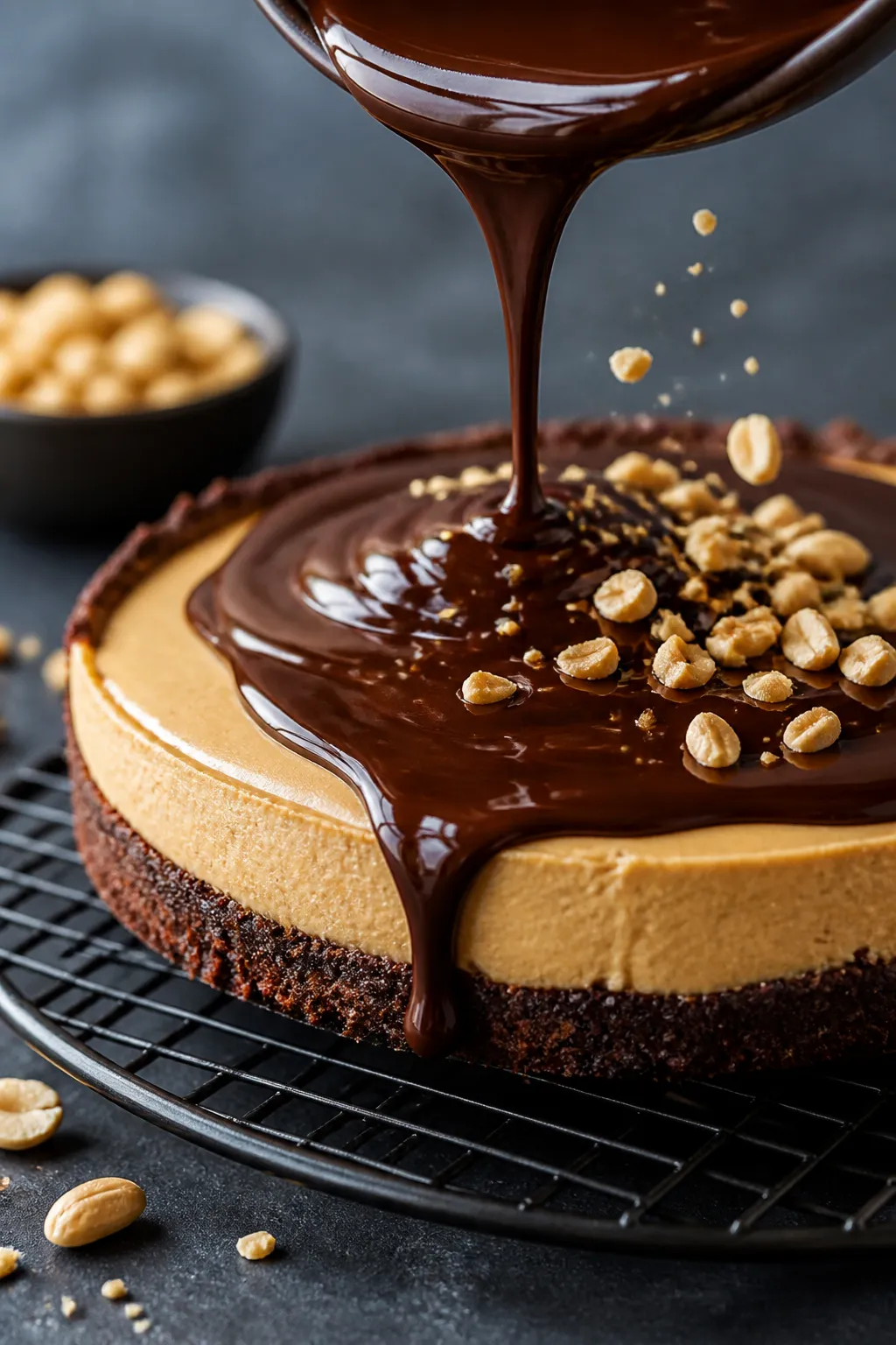 Close-up process shot: A glossy pour of warm sugar-free dark chocolate ganache cascading over a chil