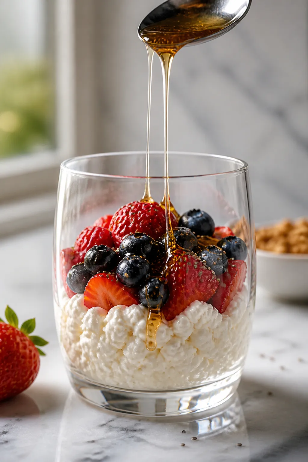 Close-up process shot: Cottage cheese base being spooned into a clear rocks glass, already mixed wit