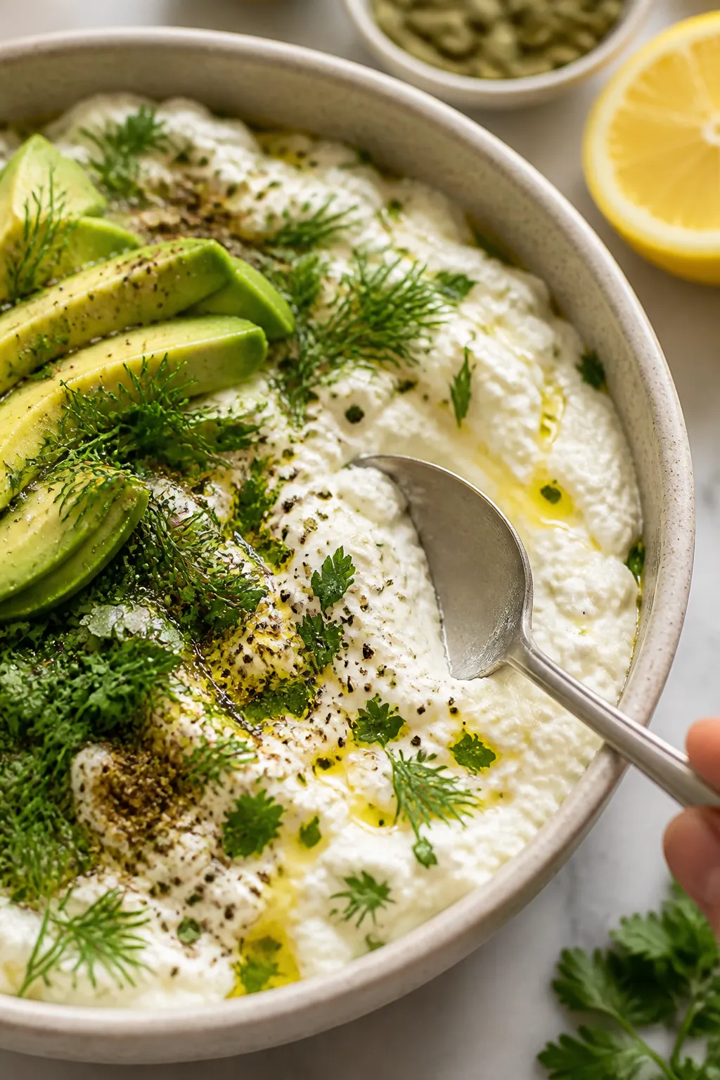 Close-up, process shot of a savory cottage cheese bowl just before sealing: a spoon smoothing the co