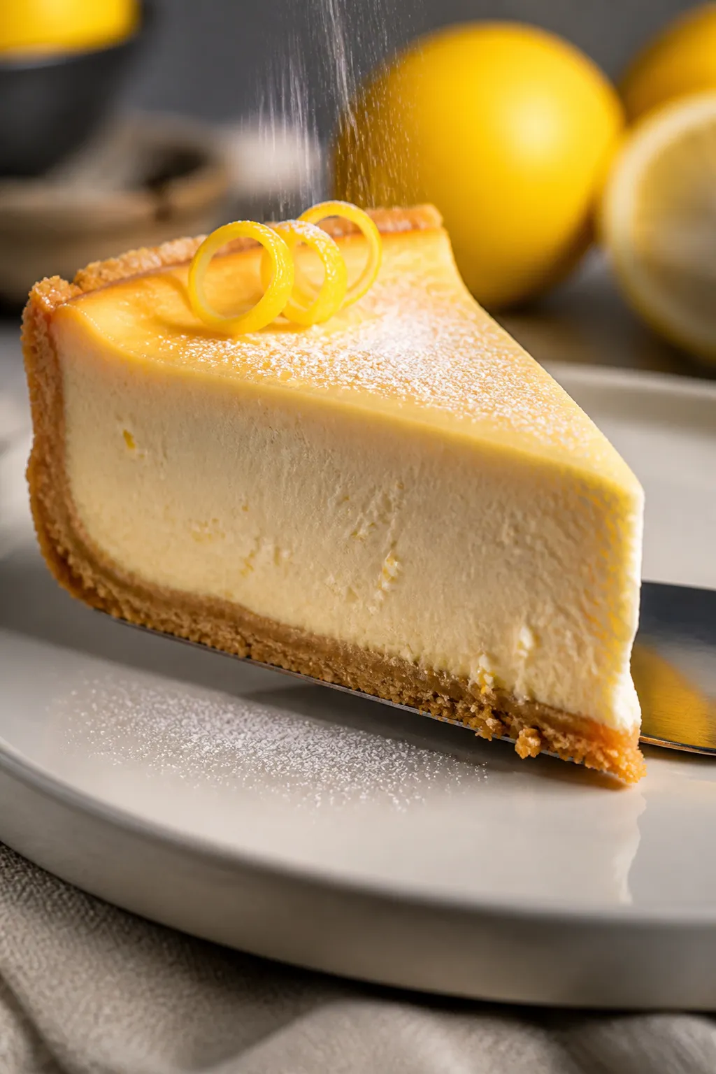 Close-up process shot of the baked cheesecake slice being cut and lifted, showing ultra-creamy, smoo
