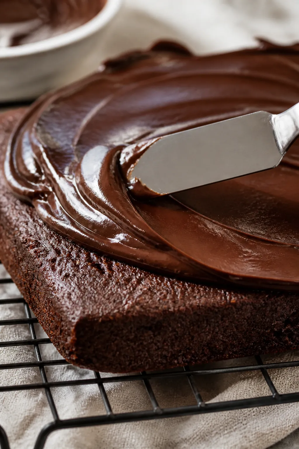 Close-up process shot of the baked Keto Chocolate Fudge Cake just out of the pan on a wire rack, gan