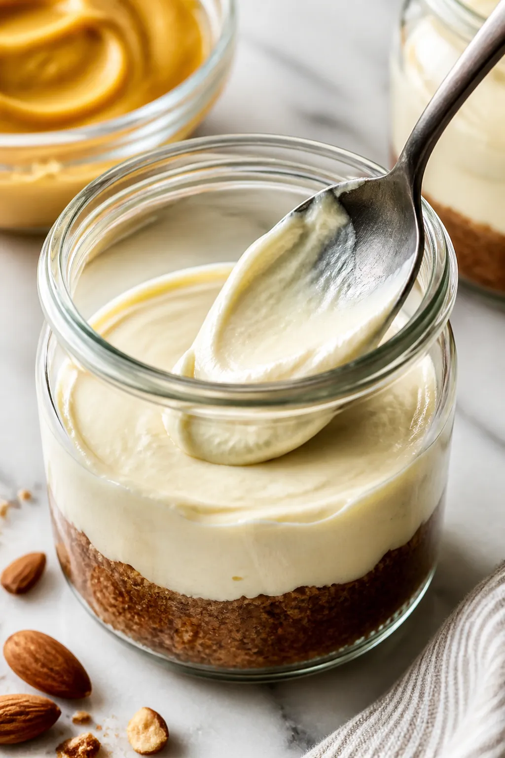 Close-up process shot of the layering step: spoon smoothing a thick, glossy cheesecake layer over th