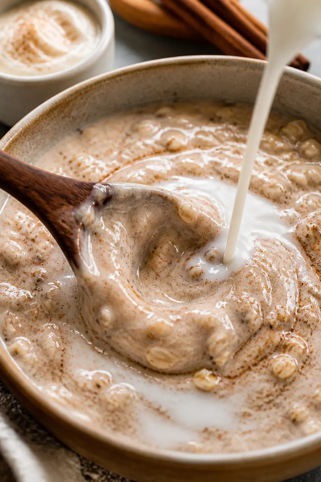 Close-up process shot of the oats being stirred just before serving: ultra-creamy mixture with visib