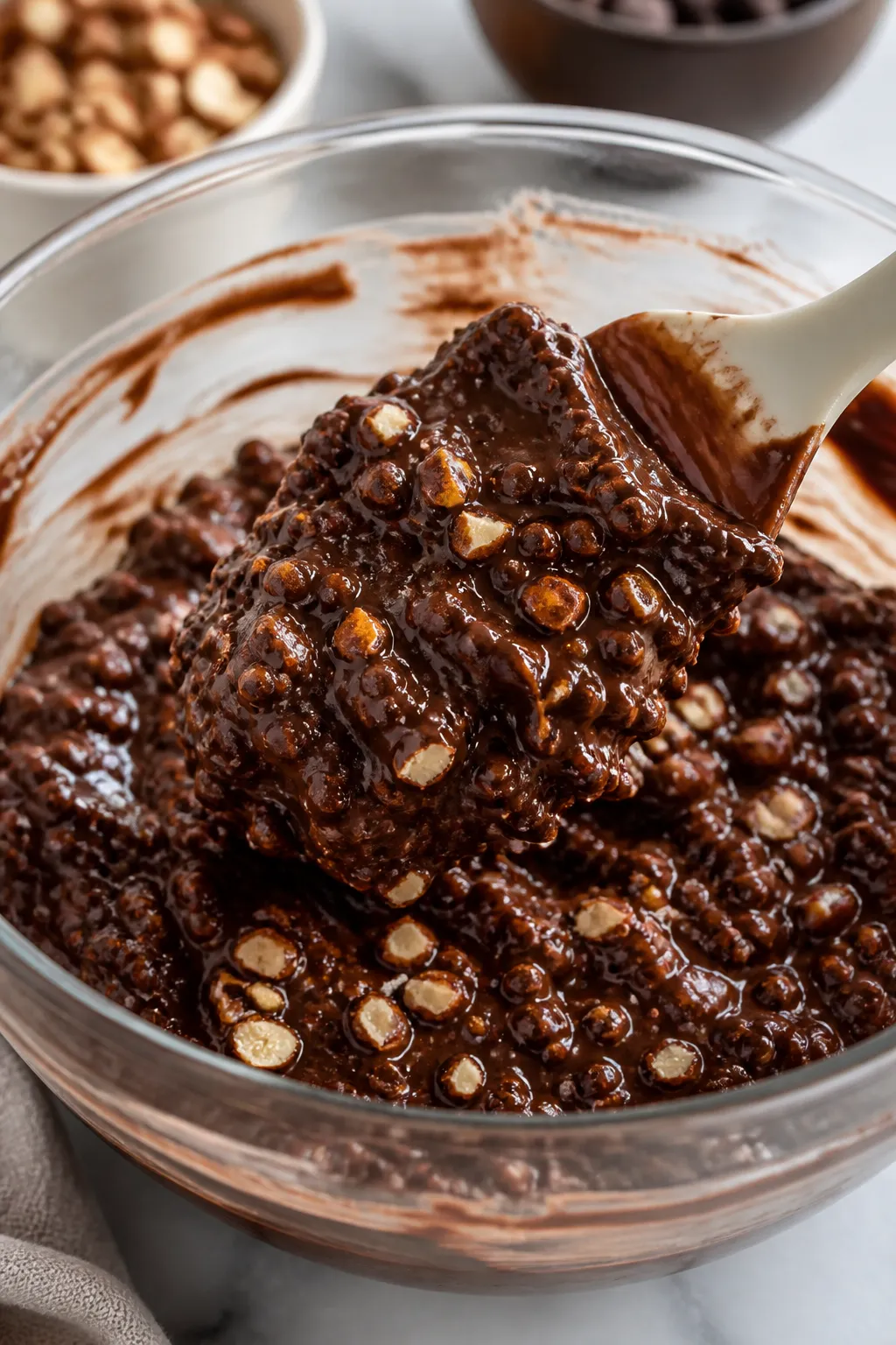 Close-up process shot of the thick, glossy melted dark chocolate mixed with almond butter being fold