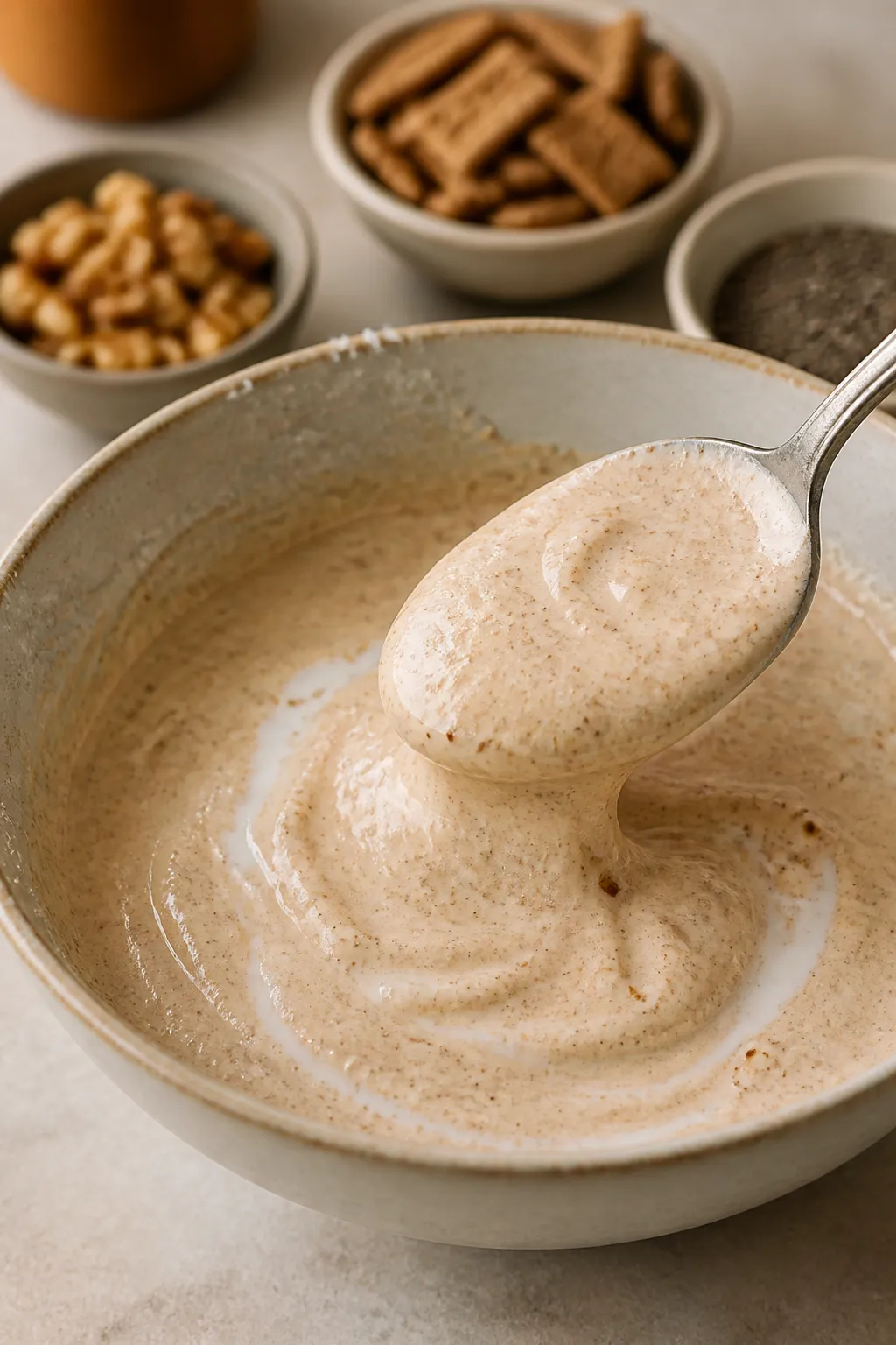 Close-up process shot of the yogurt base just after mixing: spoon lifting a silky, spoonable yogurt-