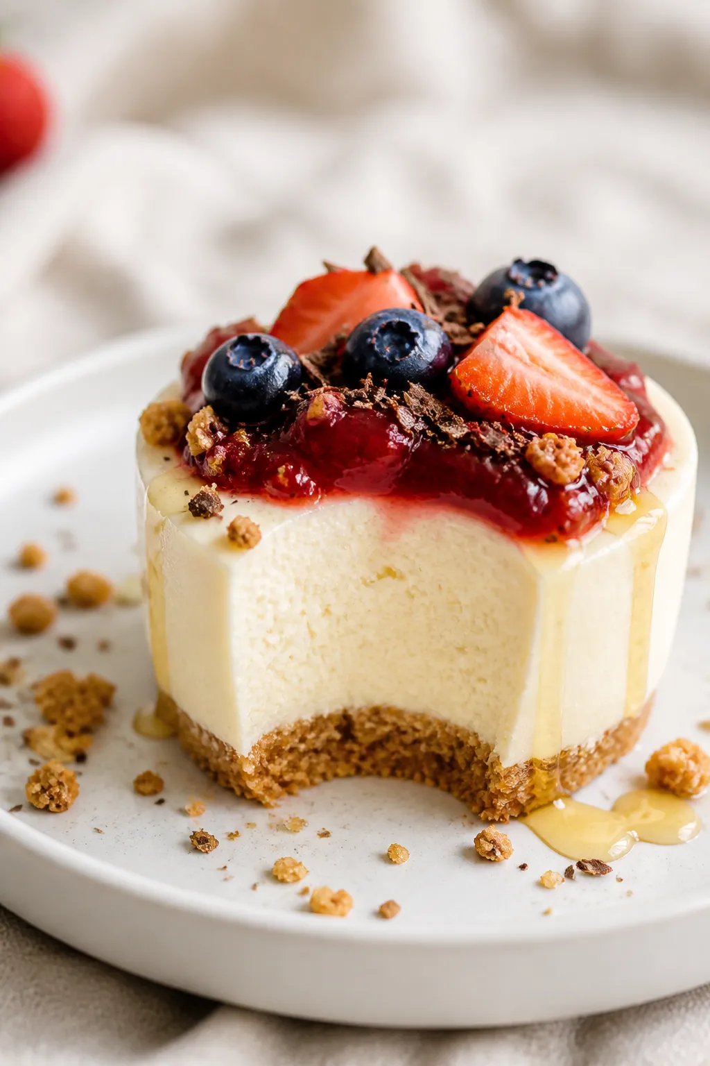 Close-up, restaurant-quality plated cheesecake cup (final presentation) on a small matte white plate
