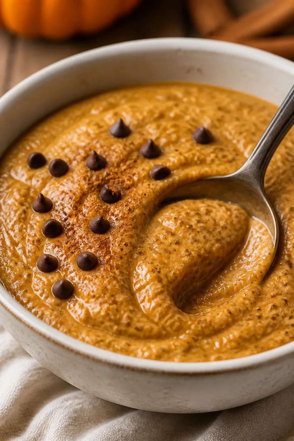 Close-up, shallow depth-of-field capture of the finished pumpkin pie protein pudding in a ceramic bo