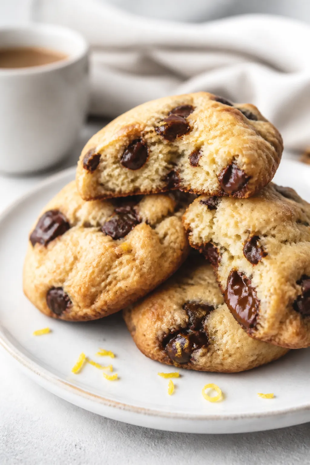 Close-up, shallow depth-of-field plated presentation of Keto Chocolate Chip Cheesecake Cookies stack