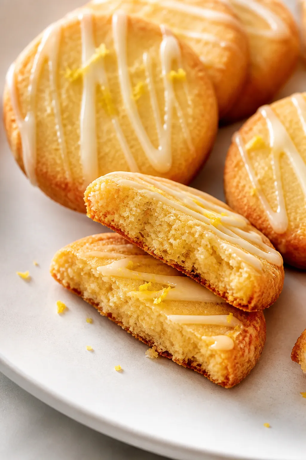 Close-up, shot of sliced-and-baked keto lemon shortbread cookie rounds on a matte white plate, showc