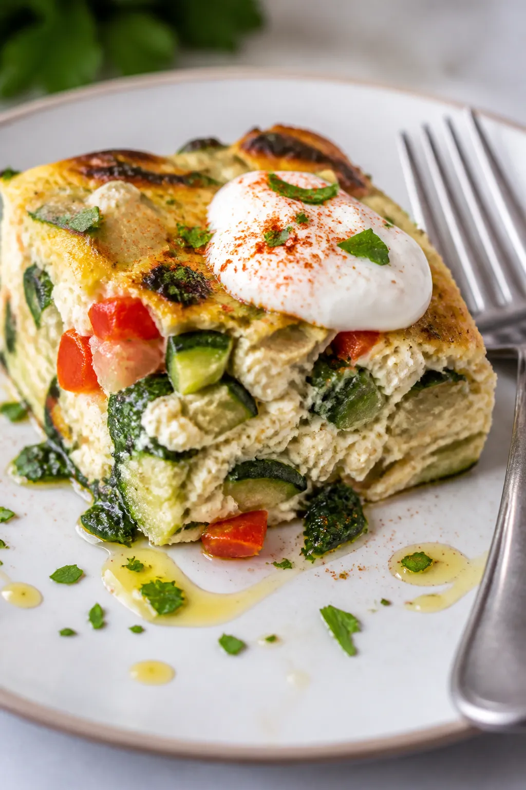 Close-up slice of the Egg White Veggie Breakfast Bake on a white ceramic plate, highlighting the ten